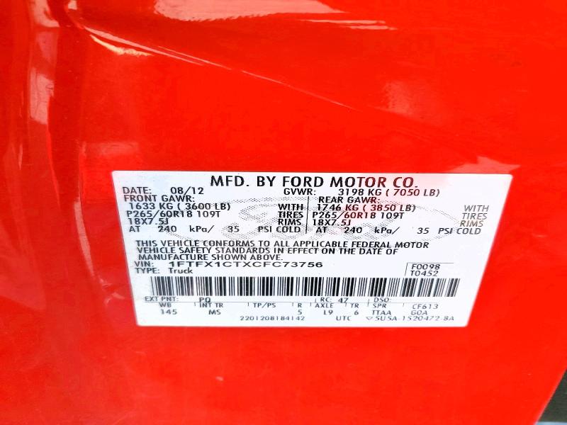 Продаж на аукціоні авто 2012 Ford F150, vin: 1FTFX1CTXCFC73756, номер лоту: 46099666