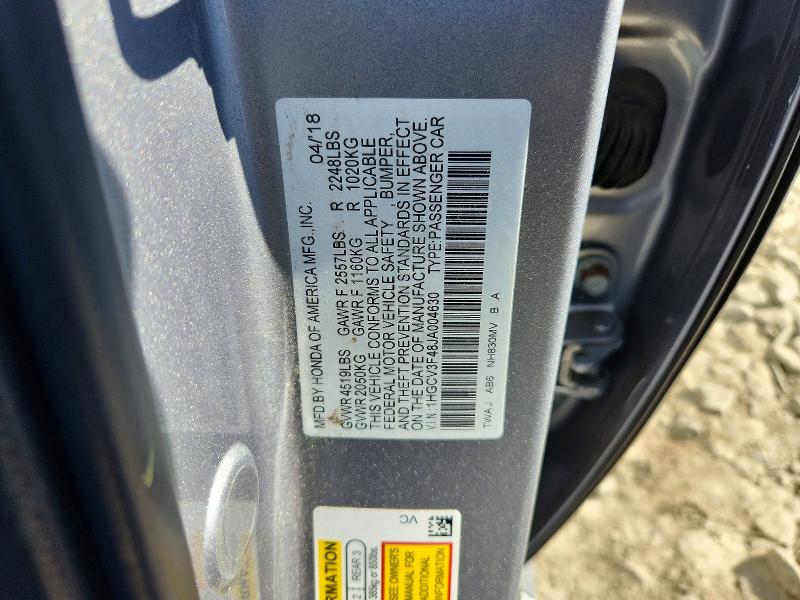 2018 Honda Accord მანქანა იყიდება აუქციონზე, vin: 1HGCV3F48JA004630, აუქციონის ნომერი: 45510176