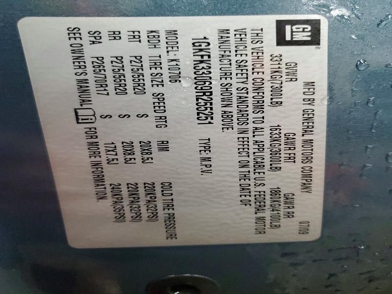 46410516 :رقم المزاد ، 1GKFK33069R255251 vin ، 2009 Gmc Yukon مزاد بيع