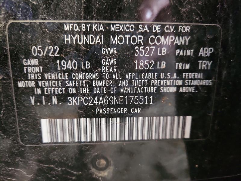 2022 Hyundai Accent მანქანა იყიდება აუქციონზე, vin: 3KPC24A69NE175511, აუქციონის ნომერი: 45938406