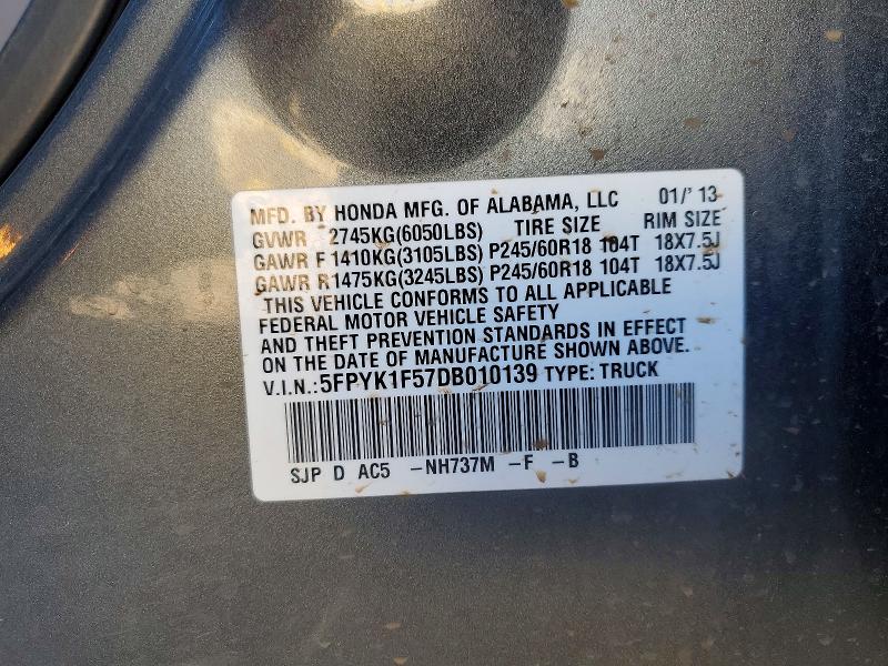 2013 Honda Ridgeline მანქანა იყიდება აუქციონზე, vin: 5FPYK1F57DB010139, აუქციონის ნომერი: 47638426