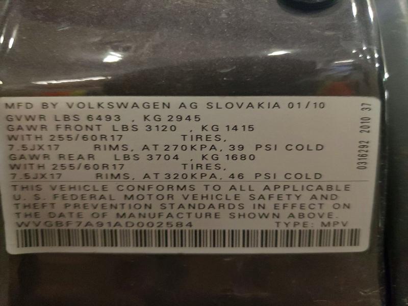 2010 Volkswagen Touareg მანქანა იყიდება აუქციონზე, vin: WVGBF7A91AD002584, აუქციონის ნომერი: 46550796