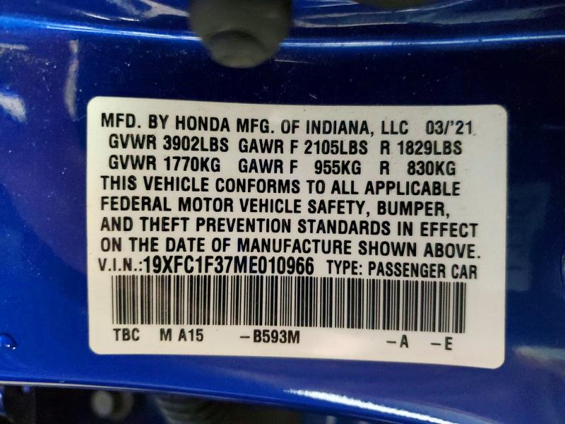 Продаж на аукціоні авто 2021 Honda Civic, vin: 19XFC1F37ME010966, номер лоту: 45932196