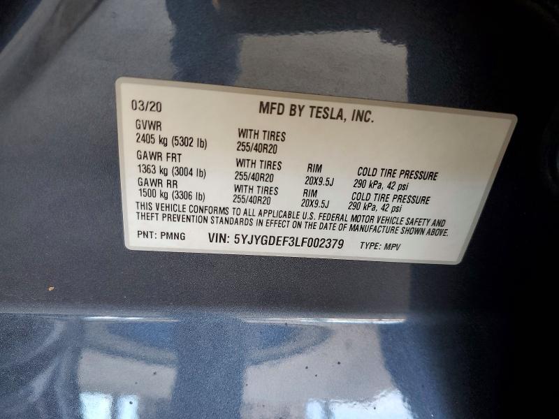 2020 Tesla Model Y მანქანა იყიდება აუქციონზე, vin: 5YJYGDEF3LF002379, აუქციონის ნომერი: 47255936