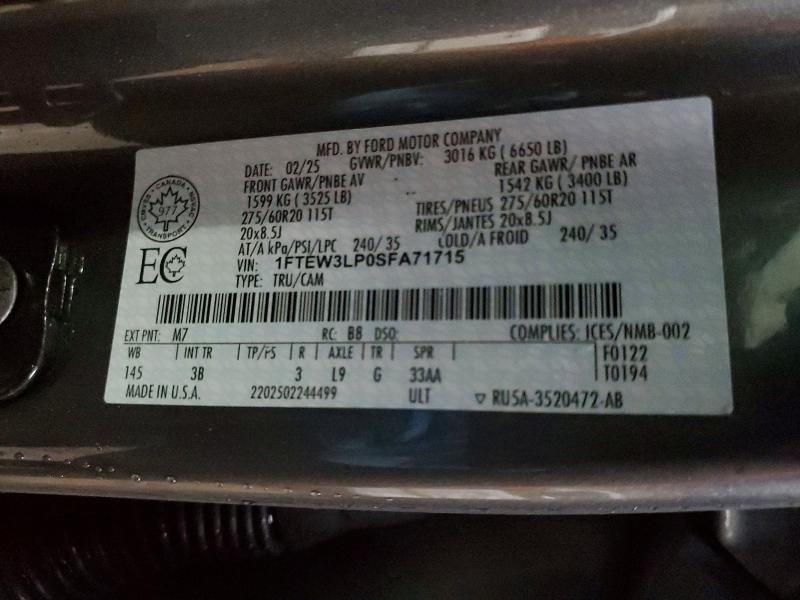 Aukcja sprzedaży 2025 Ford F150, vin: 1FTEW3LP0SFA71715, numer aukcji: 45621206