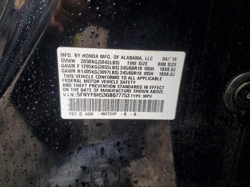 Aukcja sprzedaży 2016 Honda Pilot, vin: 5FNYF6H53GB077753, numer aukcji: 47246196