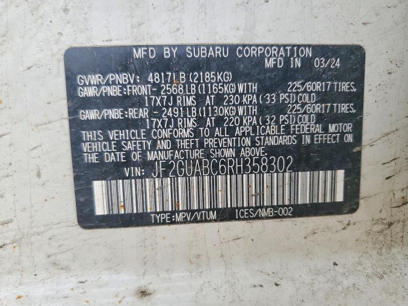 48054646 :رقم المزاد ، JF2GUABC6RH358302 vin ، 2024 Subaru Crosstrek مزاد بيع