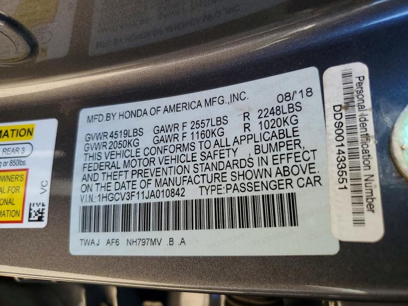 Aukcja sprzedaży 2018 Honda Accord, vin: 1HGCV3F11JA010842, numer aukcji: 46821566