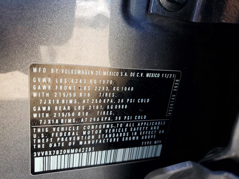 2022 Volkswagen Taos მანქანა იყიდება აუქციონზე, vin: 3VVRX7B20NM042281, აუქციონის ნომერი: 46747406
