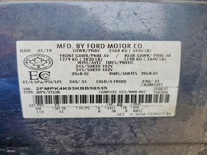 2019 Ford Edge მანქანა იყიდება აუქციონზე, vin: 2FMPK4K93KBB58535, აუქციონის ნომერი: 79817495