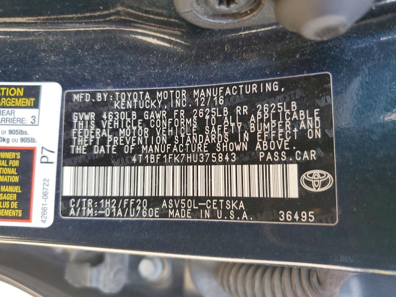 47385056 :رقم المزاد ، 4T1BF1FK7HU375843 vin ، 2017 Toyota Camry مزاد بيع