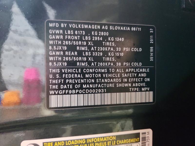 Продажа на аукционе авто 2012 Volkswagen Touareg, vin: WVGFF9BP0CD002931, номер лота: 79994265