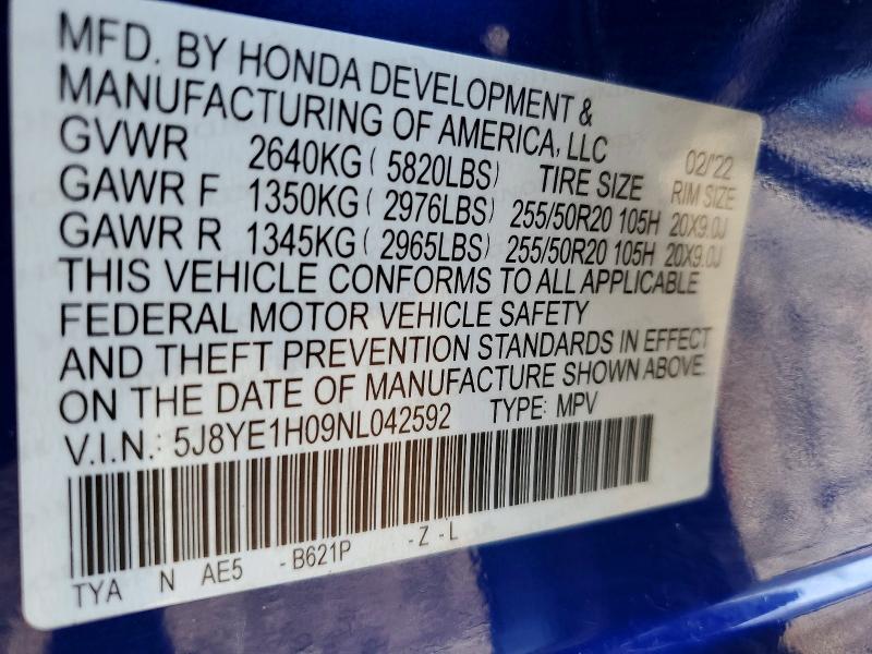 46659716 :رقم المزاد ، 5J8YE1H09NL042592 vin ، 2022 Acura Mdx مزاد بيع