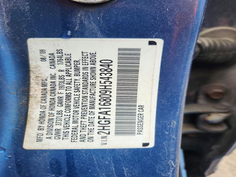 79954705 :رقم المزاد ، 2HGFA16809H543840 vin ، 2009 Honda Civic مزاد بيع