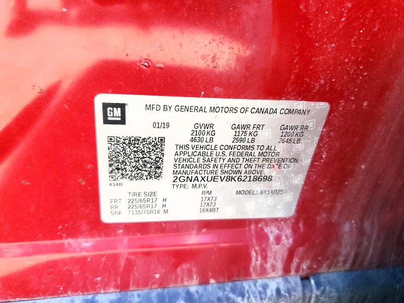 45592386 :رقم المزاد ، 2GNAXUEV8K6218698 vin ، 2019 Chevrolet Equinox مزاد بيع