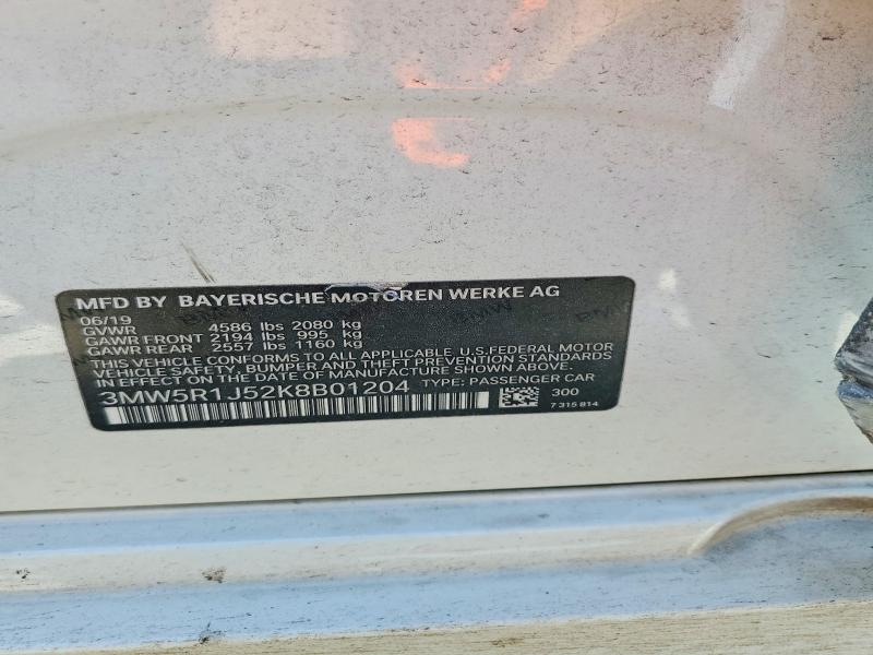 48186626 :رقم المزاد ، 3MW5R1J52K8B01204 vin ، 2019 Bmw 330i مزاد بيع