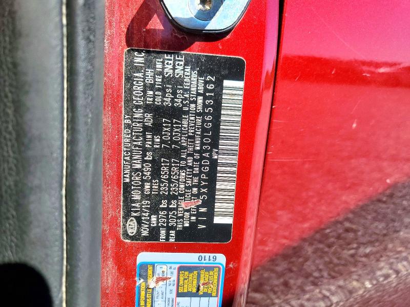 41997566 :رقم المزاد ، 5XYPGDA30LG653162 vin ، 2020 Kia Sorento مزاد بيع