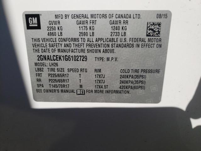 Aukcja sprzedaży 2016 Chevrolet Equinox Lt, vin: 2GNALCEK1G6102729, numer aukcji: 48092723