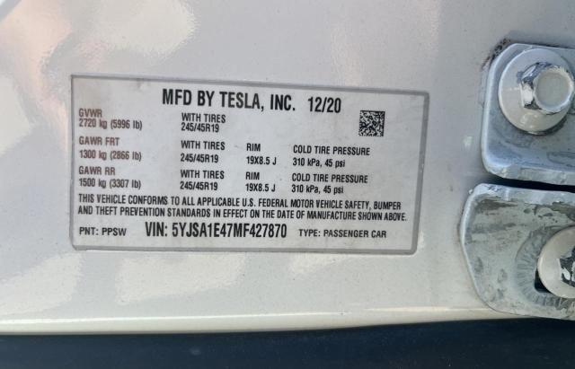 Продаж на аукціоні авто 2021 Tesla Model S, vin: 5YJSA1E47MF427870, номер лоту: 49725163