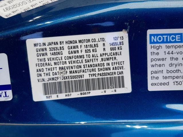 2014 Honda Cr-z Ex მანქანა იყიდება აუქციონზე, vin: JHMZF1D6XES002097, აუქციონის ნომერი: 47850513