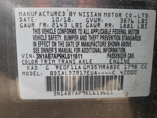 2019 Nissan Sentra S მანქანა იყიდება აუქციონზე, vin: 3N1AB7AP9KL611611, აუქციონის ნომერი: 49792853