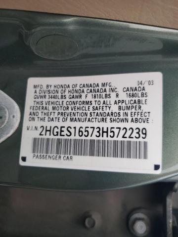 2003 Honda Civic Lx მანქანა იყიდება აუქციონზე, vin: 2HGES16573H572239, აუქციონის ნომერი: 50075434