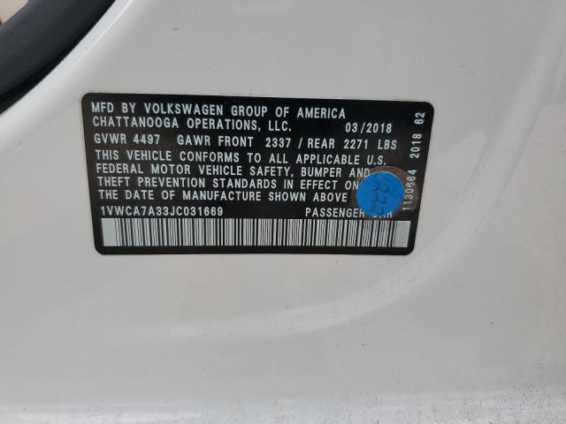 2018 Volkswagen Passat Sel Premium მანქანა იყიდება აუქციონზე, vin: 1VWCA7A33JC031669, აუქციონის ნომერი: 48473174