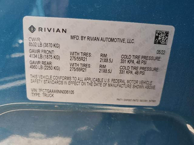 Aukcja sprzedaży 2022 Rivian R1t Adventure, vin: 7FCTGAAA6NN006105, numer aukcji: 50083944