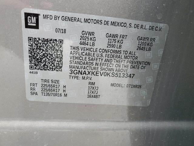 Aukcja sprzedaży 2019 Chevrolet Equinox Lt, vin: 3GNAXKEV0KS513347, numer aukcji: 50262794