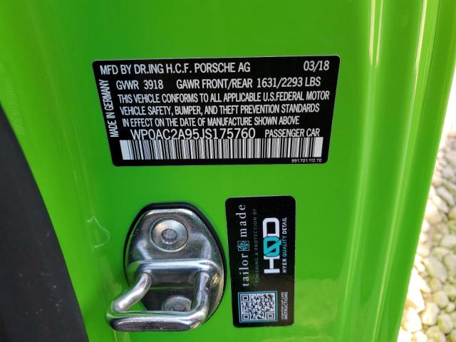 51105124 :رقم المزاد ، WP0AC2A95JS175760 vin ، 2018 Porsche 911 Gt3 مزاد بيع