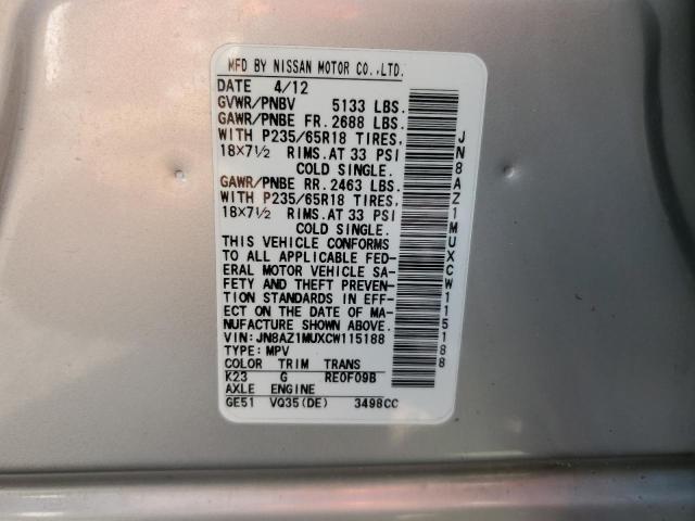 Aukcja sprzedaży 2012 Nissan Murano S, vin: JN8AZ1MUXCW115188, numer aukcji: 51021664