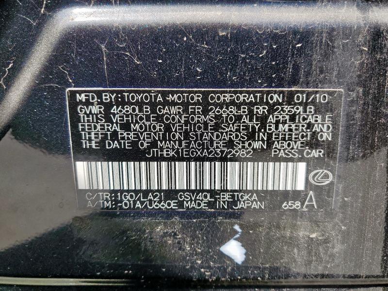 Продаж на аукціоні авто 2010 Lexus Es, vin: JTHBK1EGXA2372982, номер лоту: 51689055
