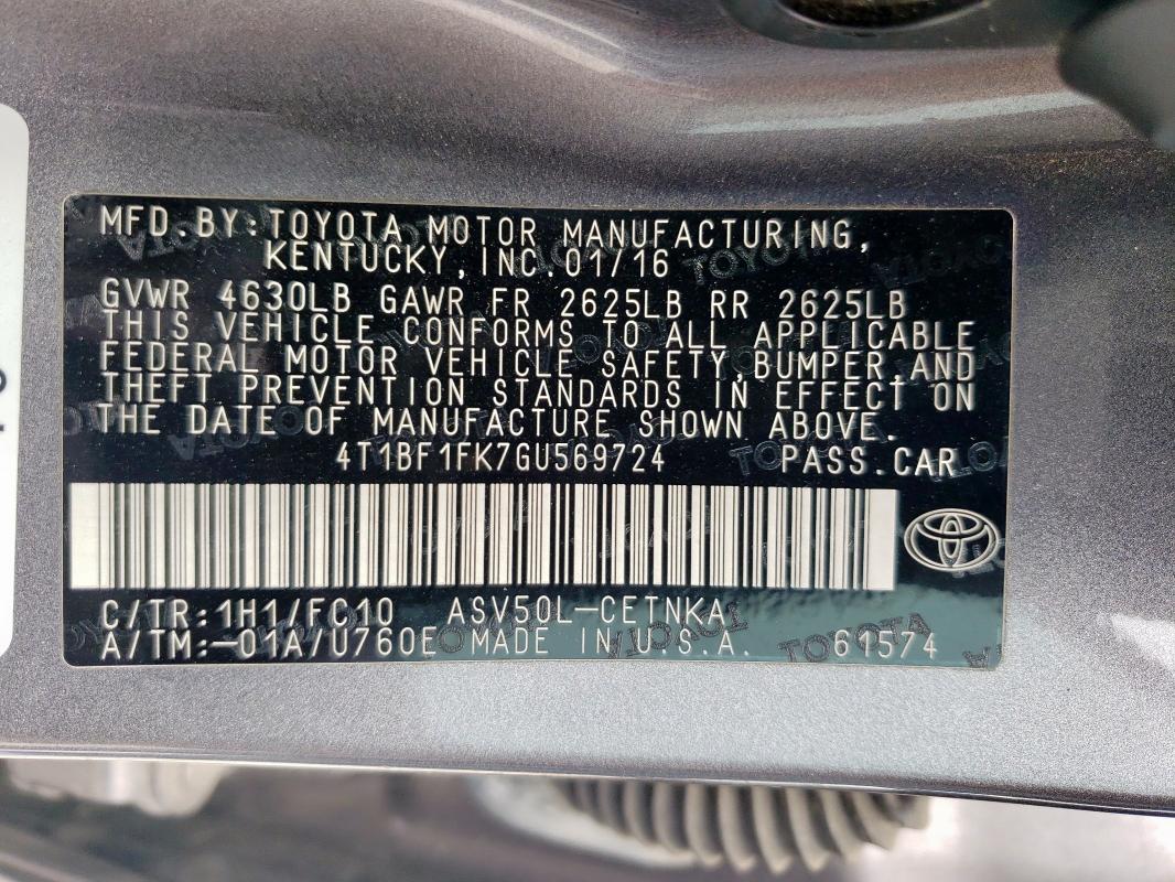 Продаж на аукціоні авто 2016 Toyota Camry Le, vin: 4T1BF1FK7GU569724, номер лоту: 51415525