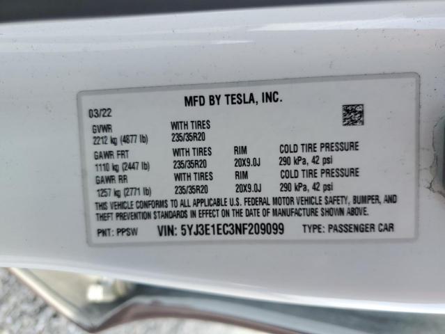 Продаж на аукціоні авто 2022 Tesla Model 3, vin: 5YJ3E1EC3NF209099, номер лоту: 52591435