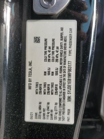 53657605 :رقم المزاد ، 5YJ3E1EB1MF983177 vin ، 2021 Tesla Model 3 مزاد بيع