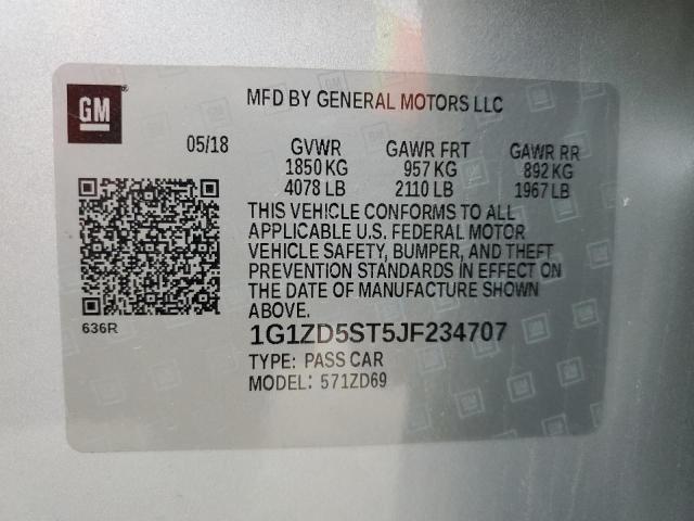 52629655 :رقم المزاد ، 1G1ZD5ST5JF234707 vin ، 2018 Chevrolet Malibu Lt مزاد بيع