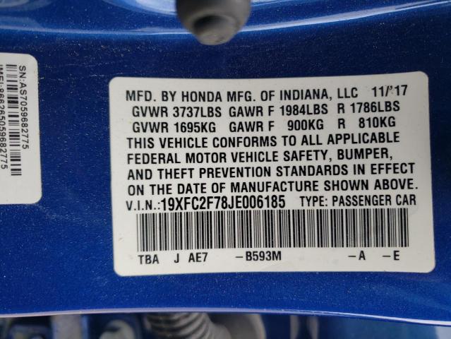 2018 Honda Civic Ex მანქანა იყიდება აუქციონზე, vin: 19XFC2F78JE006185, აუქციონის ნომერი: 54842455