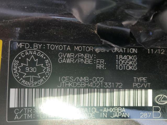 50590355 :رقم المزاد ، JTHKD5BH4D2133172 vin ، 2013 Lexus Ct مزاد بيع