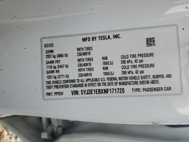 Продаж на аукціоні авто 2022 Tesla Model 3, vin: 5YJ3E1EBXNF171720, номер лоту: 54567655