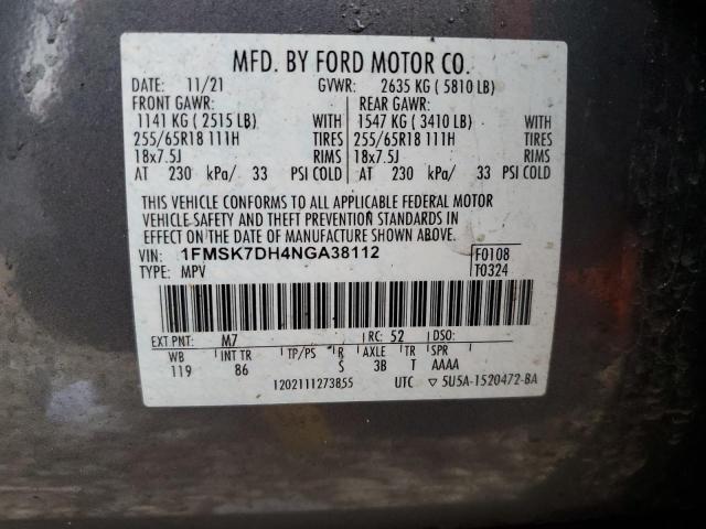 2022 Ford Explorer მანქანა იყიდება აუქციონზე, vin: 1FMSK7DH4NGA38112, აუქციონის ნომერი: 51323885