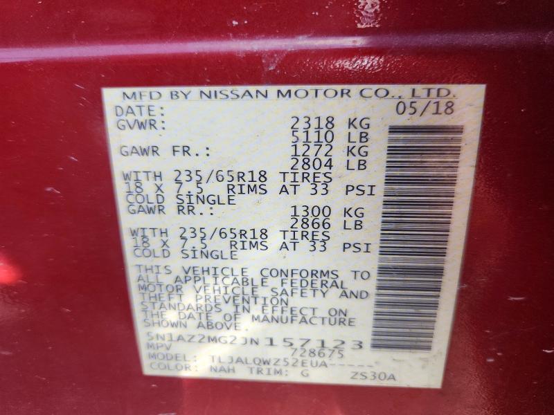 50016216 :رقم المزاد ، 5N1AZ2MG2JN157123 vin ، 2018 Nissan Murano مزاد بيع