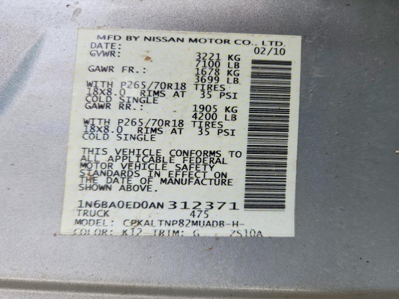 Auction sale of the 2010 Nissan Titan, vin: 1N6BA0ED0AN312371, lot number: 50422276