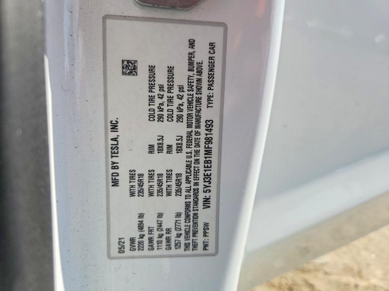 Aukcja sprzedaży 2021 Tesla Model 3, vin: 5YJ3E1EB1MF981493, numer aukcji: 47638766