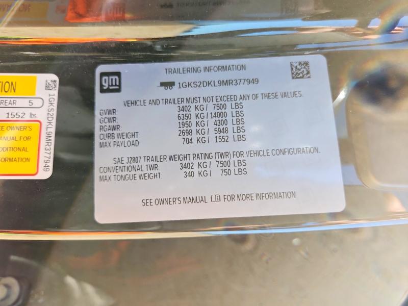 2021 Gmc Yukon მანქანა იყიდება აუქციონზე, vin: 1GKS2DKL9MR377949, აუქციონის ნომერი: 48810366