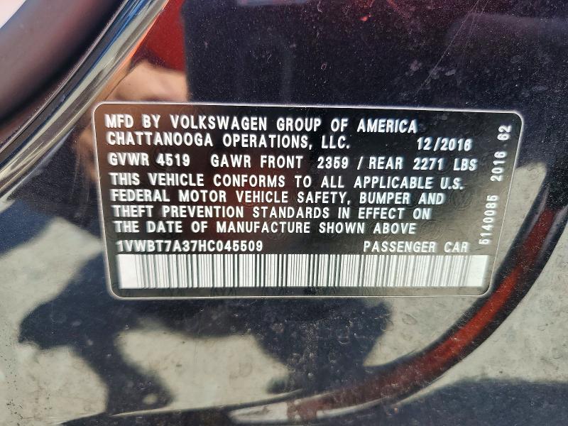 49881076 :رقم المزاد ، 1VWBT7A37HC045509 vin ، 2017 Volkswagen Passat مزاد بيع