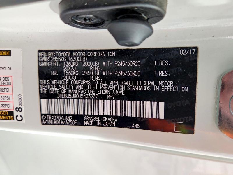 2017 Toyota 4runner მანქანა იყიდება აუქციონზე, vin: JTEBU5JR0H5433237, აუქციონის ნომერი: 51289696