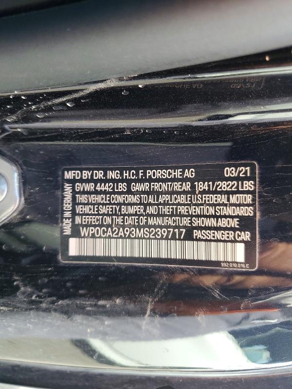 Продажа на аукционе авто 2021 Porsche 911, vin: WP0CA2A93MS239717, номер лота: 51148266