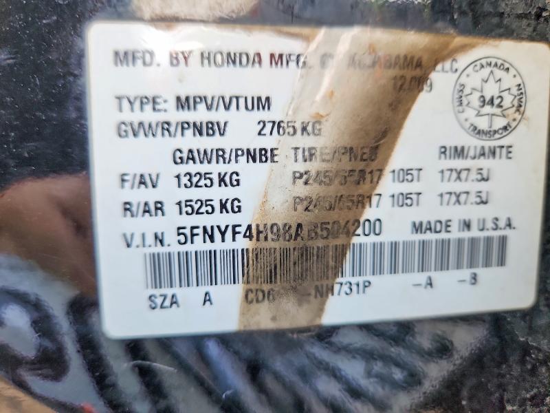 50485126 :رقم المزاد ، 5FNYF4H98AB504200 vin ، 2010 Honda Pilot مزاد بيع