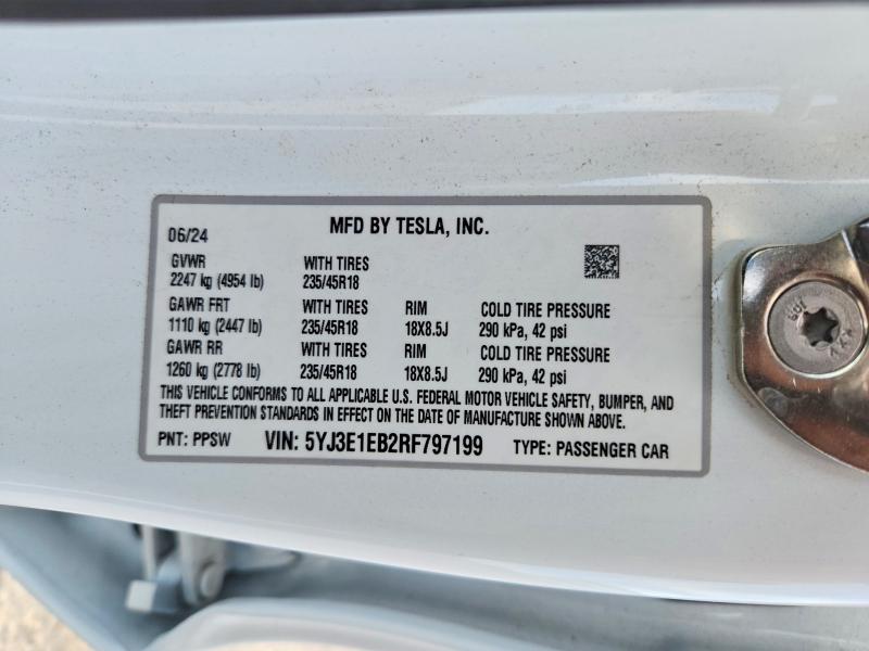 Aukcja sprzedaży 2024 Tesla Model 3, vin: 5YJ3E1EB2RF797199, numer aukcji: 49858546