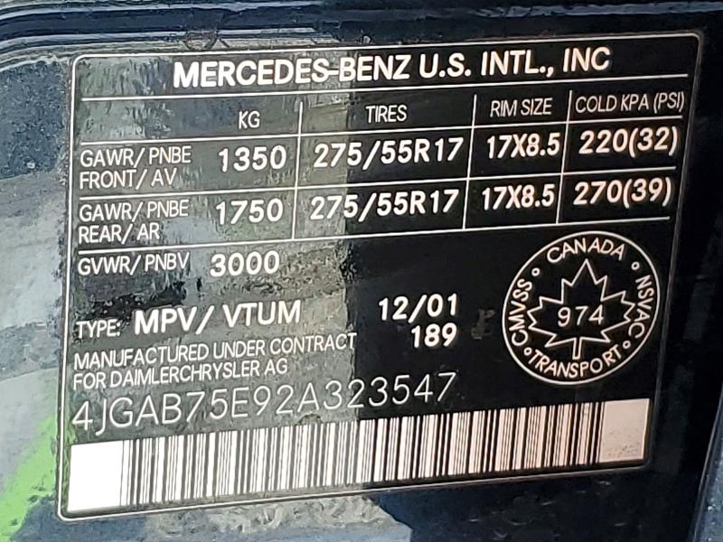 49578236 :رقم المزاد ، 4JGAB75E92A323547 vin ، 2002 Mercedes-benz Ml مزاد بيع
